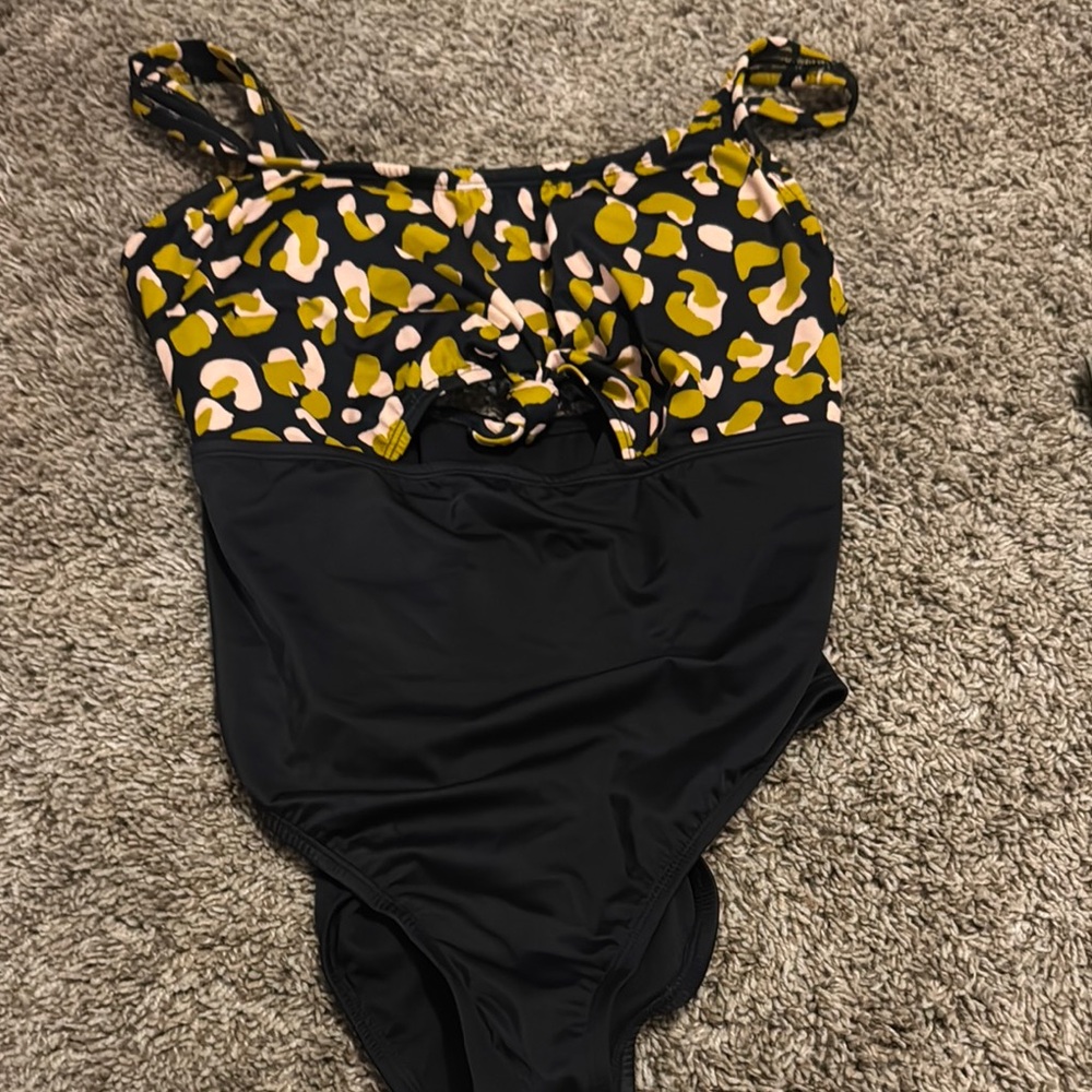 Black and Yellow One Piece Swimsuit with Floral Design